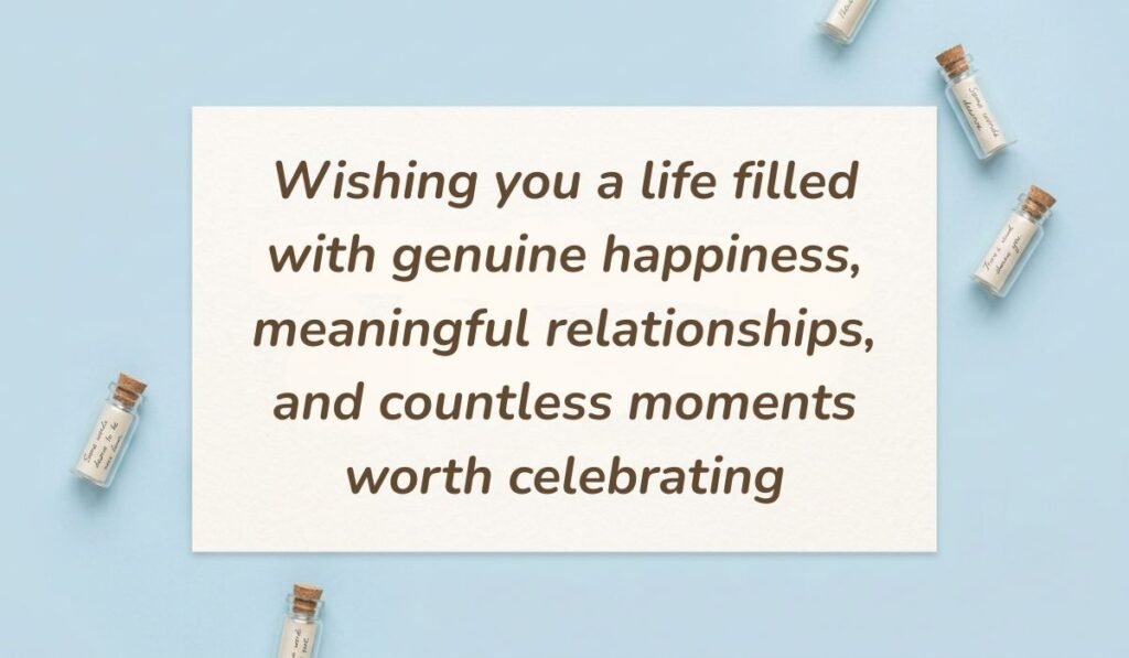 Light blue flat lay with mini corked message bottles displaying uplifting happy birthday wishes for cousin stating "Wishing you a life filled with genuine happiness, meaningful relationships, and countless moments worth celebrating"