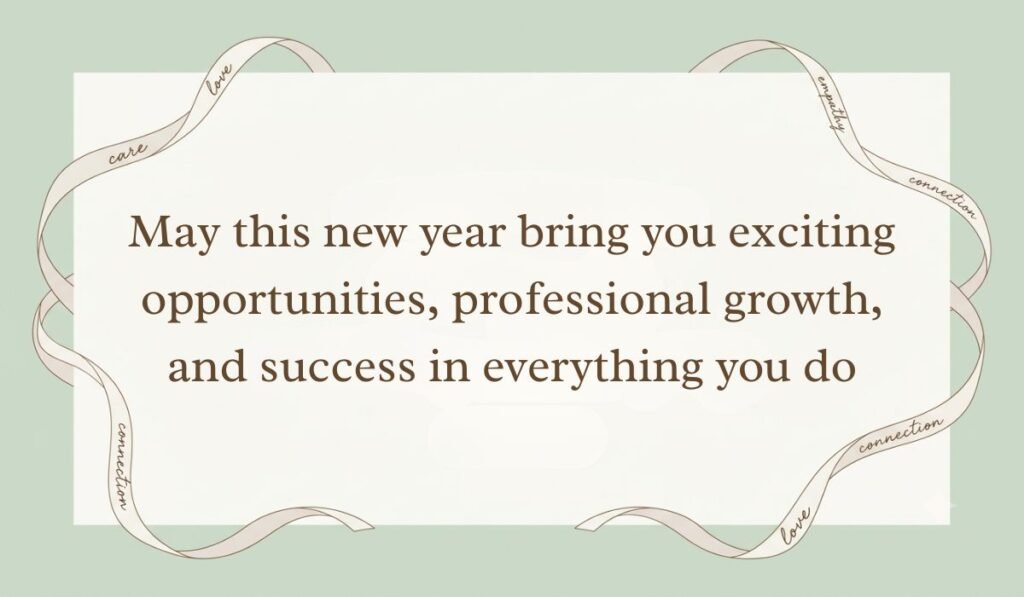 Sage green ribbon-bordered card showing professional happy birthday wishes for coworker reading "May this new year bring you exciting opportunities, professional growth, and success in everything you do"