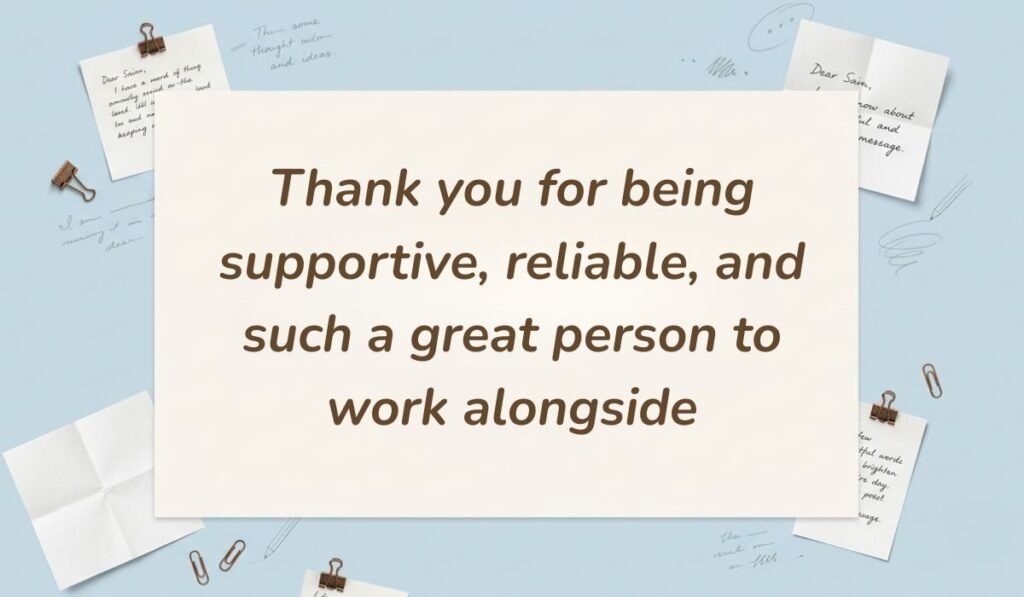 Light blue desk stationery arrangement with appreciative happy birthday wishes for coworker reading "Thank you for being supportive, reliable, and such a great person to work alongside"