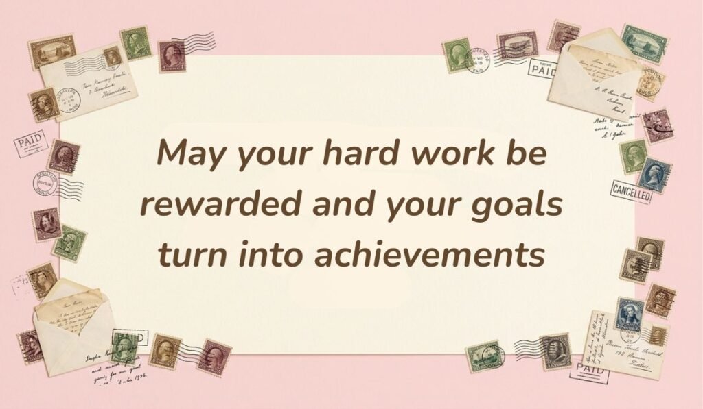 Soft pink frame with vintage postage stamps presenting encouraging happy birthday wishes for coworker stating "May your hard work be rewarded and your goals turn into achievements"