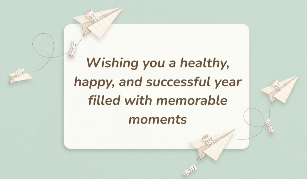 Soft green background with paper airplanes displaying warm happy birthday wishes for coworker reading "Wishing you a healthy, happy, and successful year filled with memorable moments"