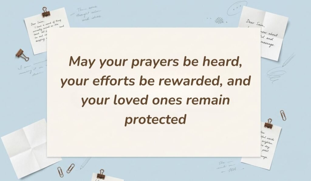 Light blue desk flatlay background with scattered sticky notes showcasing happy friday blessings and messages reading "May your prayers be heard, your efforts be rewarded, and your loved ones remain protected"