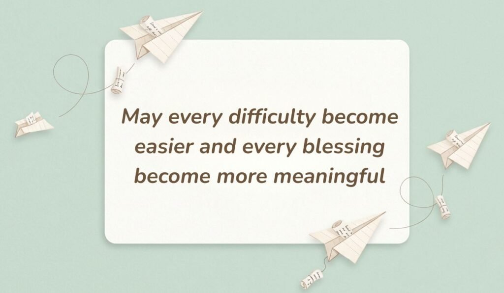 Sage green aesthetic card surrounded by floating paper airplanes featuring happy friday blessings and messages reading "May every difficulty become easier and every blessing become more meaningful"