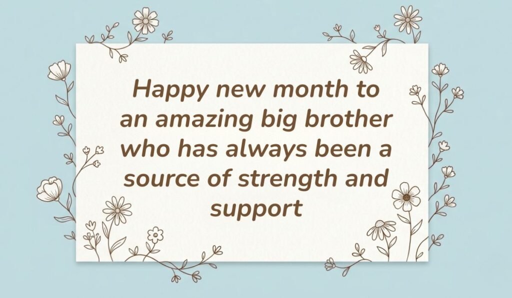 Alt Text: Floral card featuring a happy new month message for big brother reading "Happy new month to an amazing big brother who has always been a source of strength and support" against a light blue floral background.