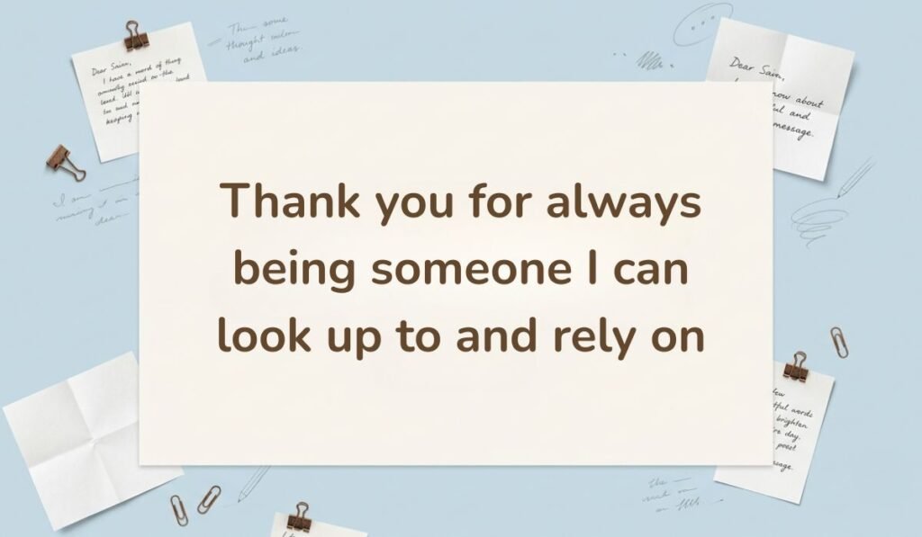 Alt Text: Minimalist blue backdrop with paper notes displaying a thankful happy new month message for big brother appreciating him for being someone to look up to and rely on.