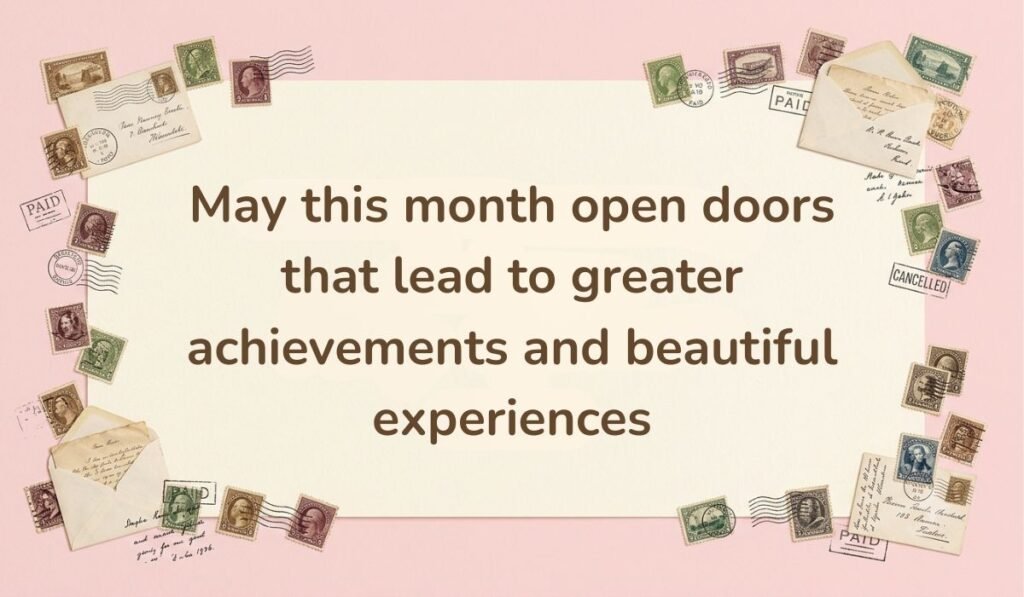 Alt Text: Vintage pink card border surrounded by postage stamps showing a happy new month message for big brother wishing opened doors, greater achievements, and beautiful experiences.