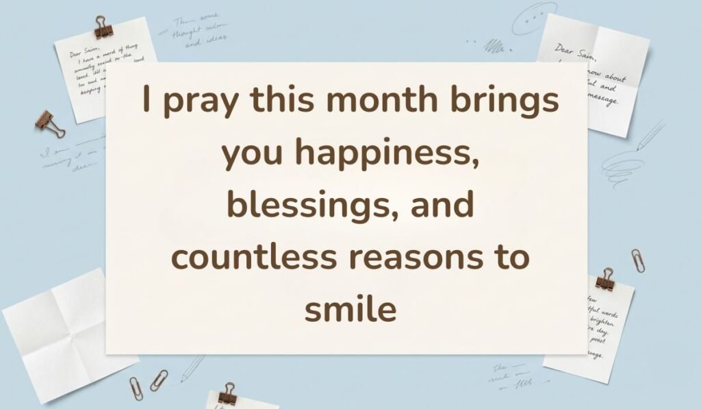 Sky blue flat-lay background with paper clips and handwritten note slips, showcasing a prayerful happy new month message for sister in law: "I pray this month brings you happiness, blessings, and countless reasons to smile."