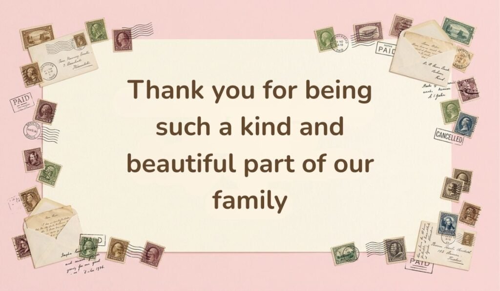 Soft pink card design framed with vintage postage stamps and mini airmail envelopes, featuring a heartfelt happy new month message for sister in law: "Thank you for being such a kind and beautiful part of our family."