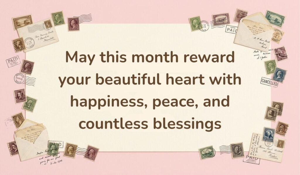 Soft pink card design framed with vintage postage stamps and mini airmail envelopes, featuring an affectionate happy new month message to my mother: "May this month reward your beautiful heart with happiness, peace, and countless blessings."