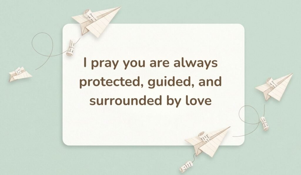 Soft green aesthetic background adorned with floating folded paper airplanes, delivering a protective happy new month message to my mother: "I pray you are always protected, guided, and surrounded by love."
