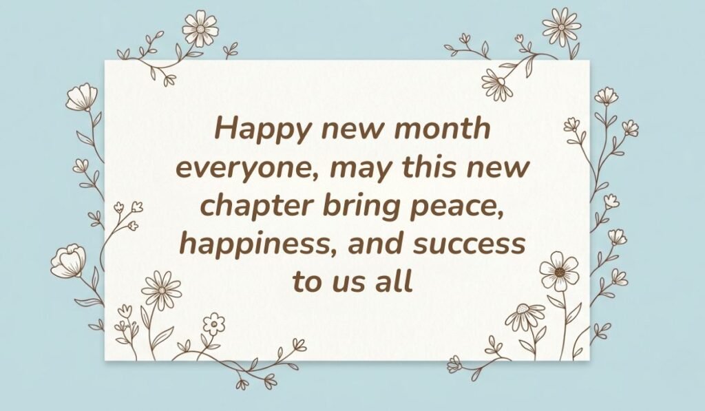 Happy new month messages for a group card with delicate floral line art on a soft blue background reading "Happy new month everyone, may this new chapter bring peace, happiness, and success to us all."