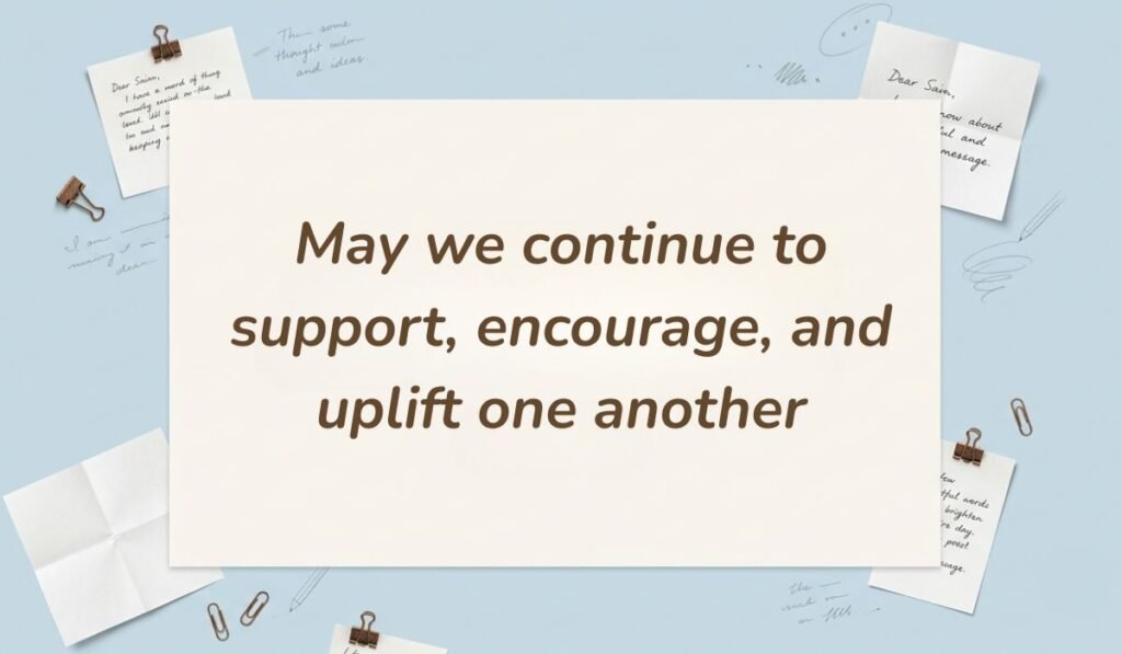 Soft blue background note card with happy new month messages for a group surrounded by paper clips reading "May we continue to support, encourage, and uplift one another."