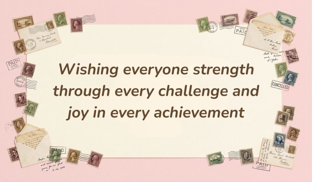 Vintage letter-themed image with happy new month messages for a group framed by postal stamps saying "Wishing everyone strength through every challenge and joy in every achievement."