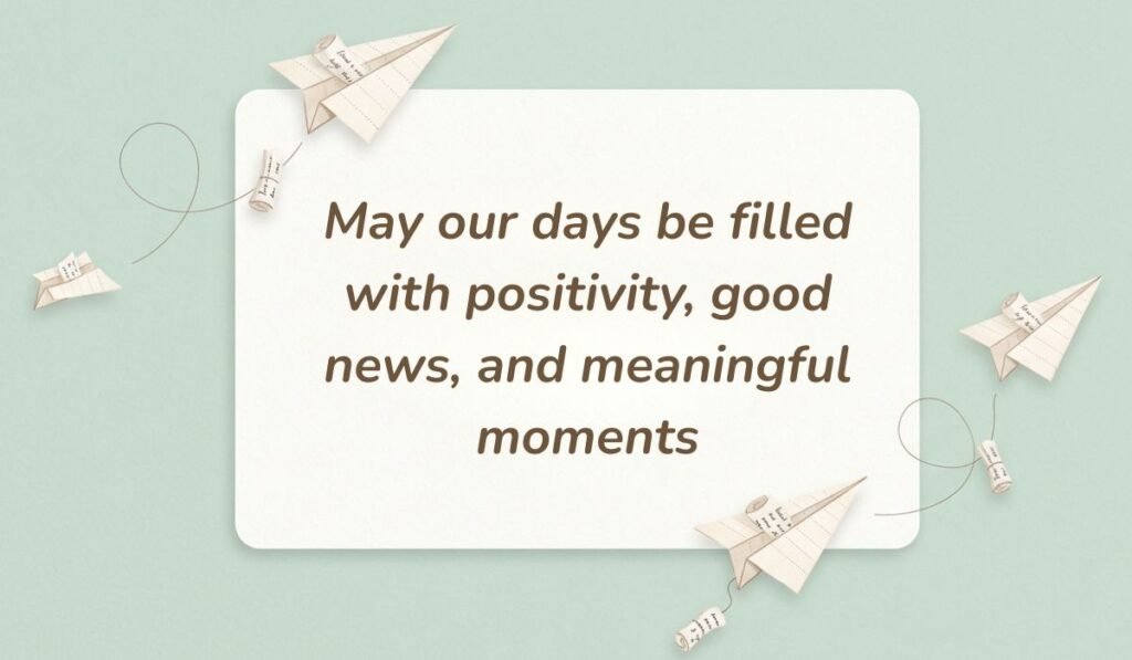 Green card with paper airplanes showing happy new month messages for a group reading "May our days be filled with positivity, good news, and meaningful moments."