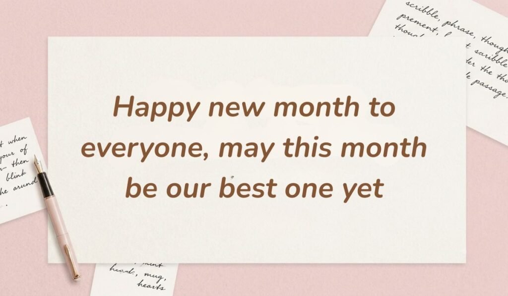 Pink aesthetic desk setup with a fountain pen featuring happy new month messages for a group reading "Happy new month to everyone, may this month be our best one yet."