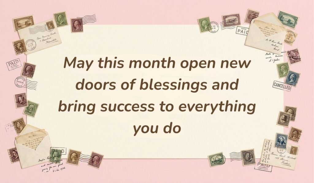 Vintage pink border with postage stamps highlighting encouraging happy new month messages for aunt praying that the month opens new doors of blessings and brings success to everything she does.