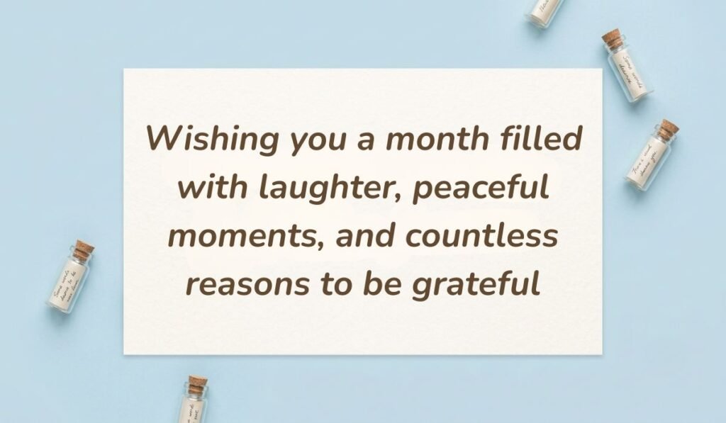 Sky blue flat lay with glass wish bottles featuring sweet happy new month messages for aunt wishing her a month filled with laughter, peaceful moments, and reasons to be grateful.