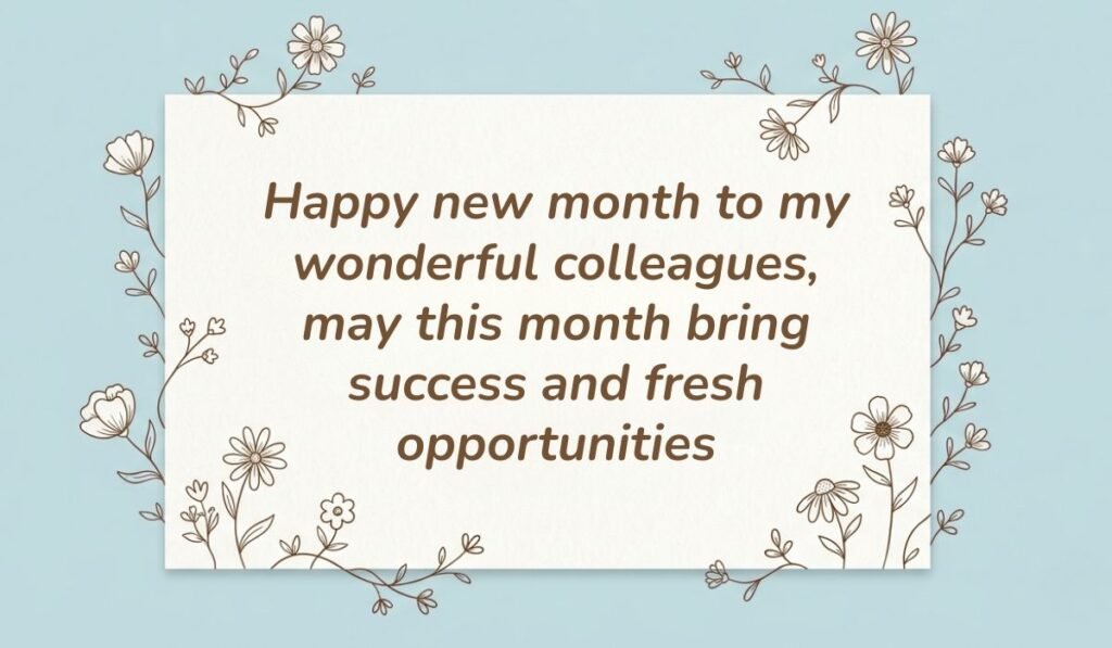 Happy new month messages for colleagues featured on a soft blue floral card reading "Happy new month to my wonderful colleagues, may this month bring success and fresh opportunities."