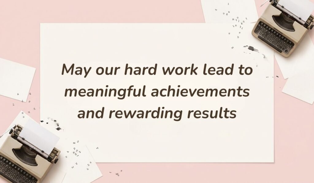 Motivational card with happy new month messages for colleagues set on a pink background with vintage typewriters stating "May our hard work lead to meaningful achievements and rewarding results."