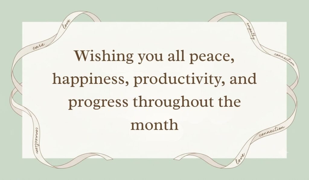Elegant green ribbon-framed card displaying happy new month messages for colleagues reading "Wishing you all peace, happiness, productivity, and progress throughout the month."