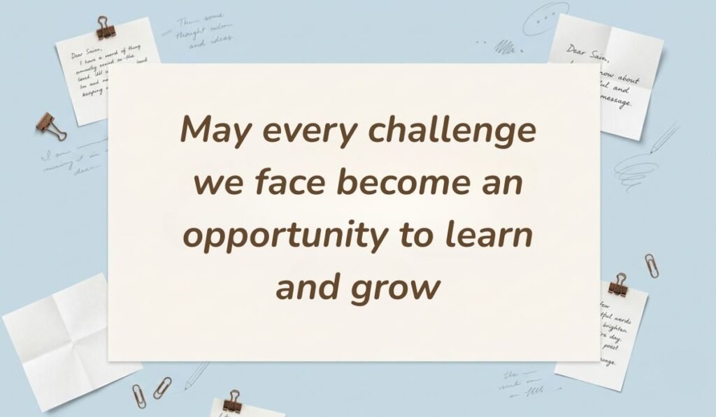 Soft blue background card with paper clips featuring happy new month messages for colleagues stating "May every challenge we face become an opportunity to learn and grow."
