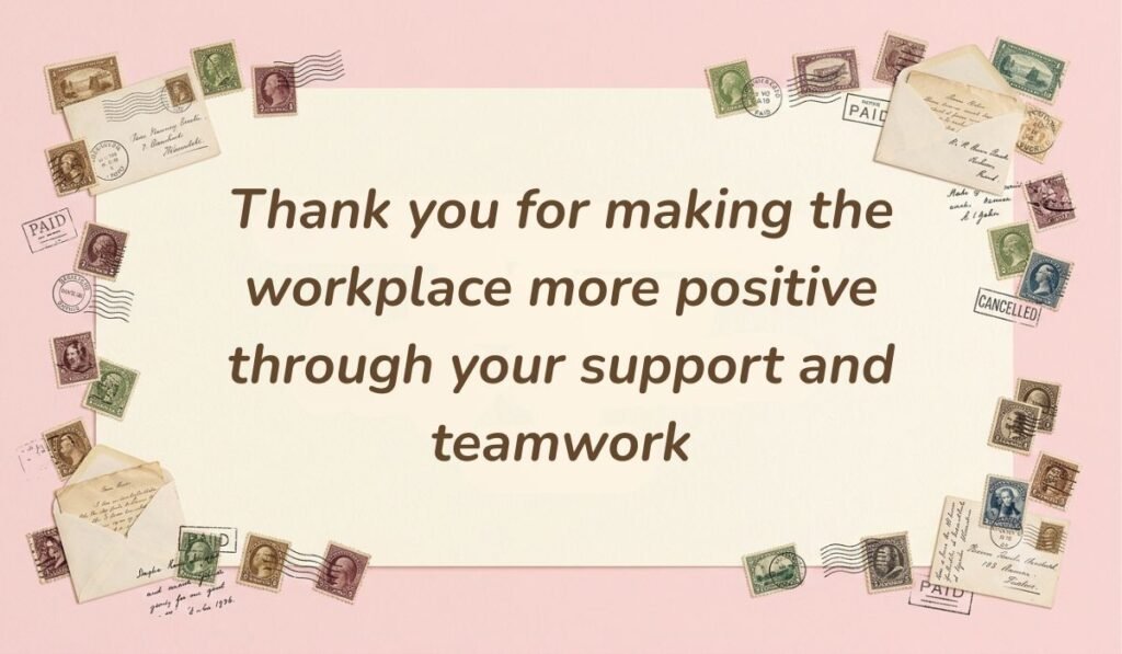 Vintage mail-themed image surrounded by stamps with happy new month messages for colleagues reading "Thank you for making the workplace more positive through your support and teamwork."