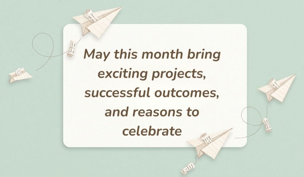 Sage green card decorated with paper airplanes presenting happy new month messages for colleagues saying "May this month bring exciting projects, successful outcomes, and reasons to celebrate."