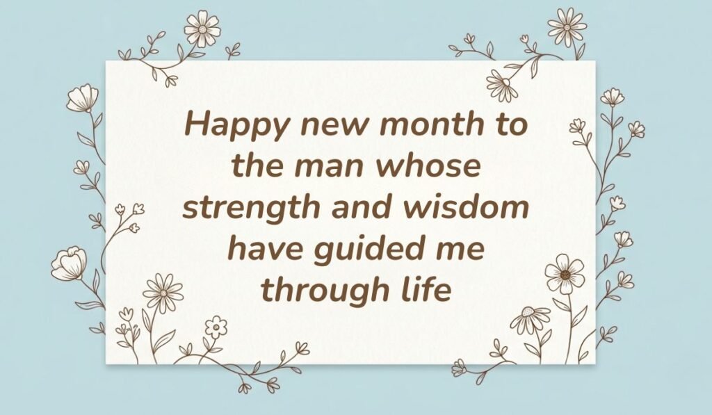 Light blue card background with delicate floral line art, featuring heartfelt happy new month messages for dad: "Happy new month to the man whose strength and wisdom have guided me through life."