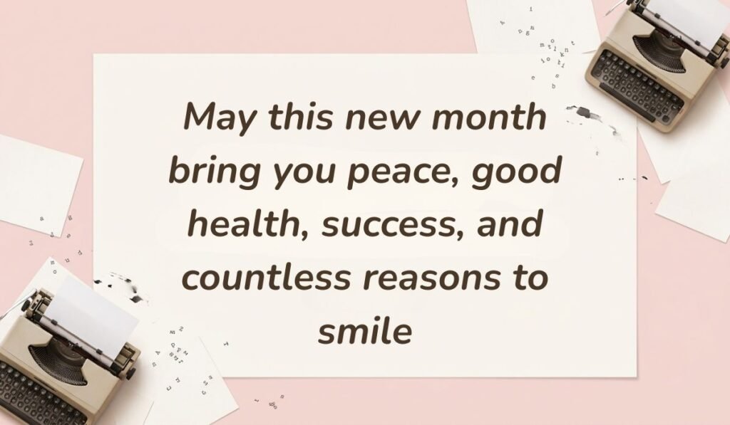 Soft pink aesthetic background with vintage typewriters and typed paper notes, displaying warm happy new month messages for dad: "May this new month bring you peace, good health, success, and countless reasons to smile."