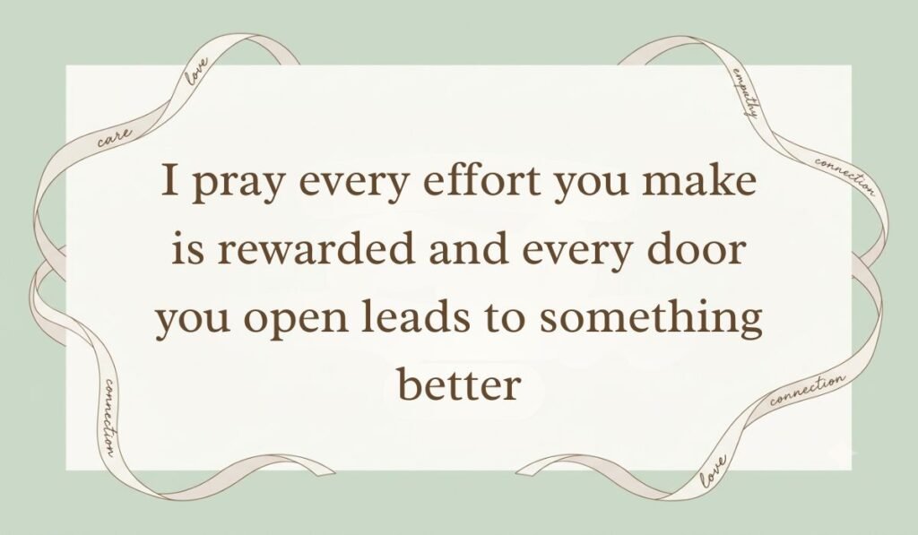 Muted sage green card wrapped with an elegant white ribbon, sharing prayerful happy new month messages for dad: "I pray every effort you make is rewarded and every door you open leads to something better."
