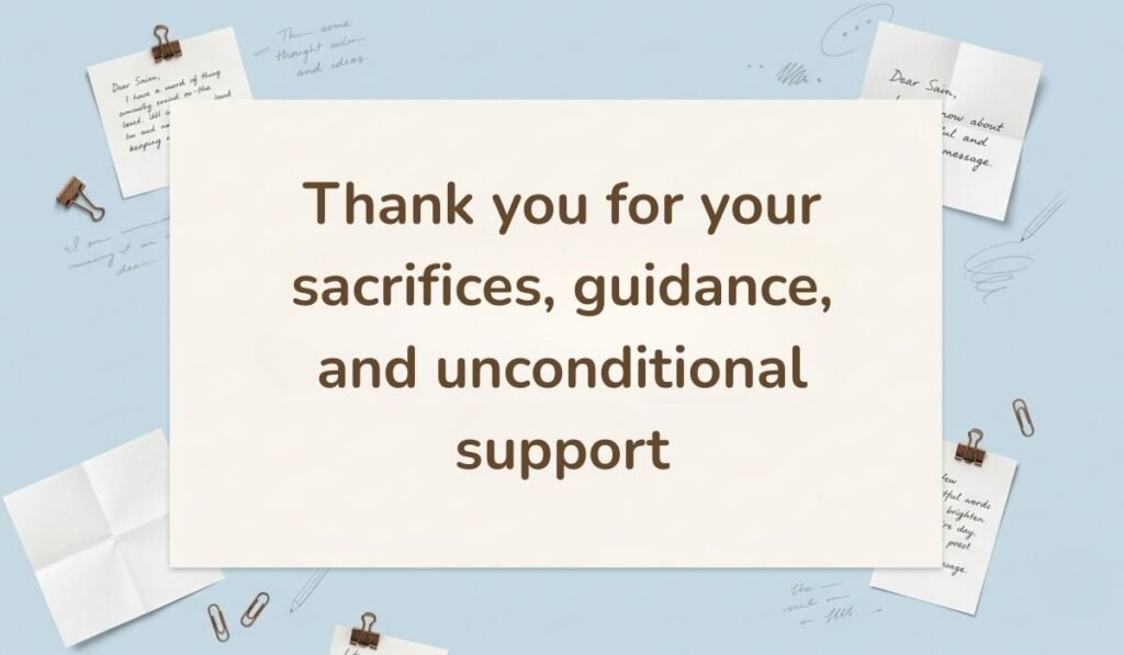 Sky blue flat-lay background with paper clips and handwritten note slips, showcasing appreciative happy new month messages for dad: "Thank you for your sacrifices, guidance, and unconditional support."