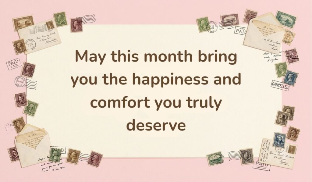 Soft pink card design framed with vintage postage stamps and mini airmail envelopes, featuring thoughtful happy new month messages for dad: "May this month bring you the happiness and comfort you truly deserve."
