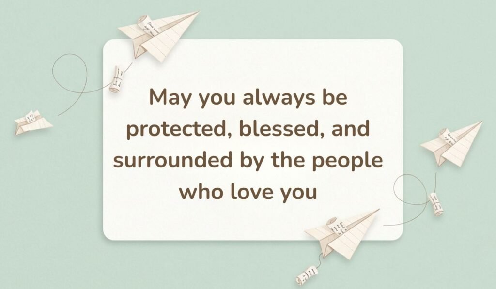 Soft green aesthetic background adorned with floating folded paper airplanes, delivering supportive happy new month messages for dad: "May you always be protected, blessed, and surrounded by the people who love you."