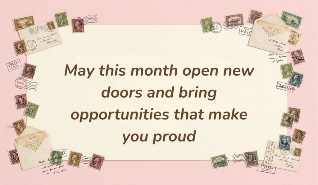 Vintage pink border with postage stamps highlighting encouraging happy new month messages for friends praying that the month opens new doors and brings opportunities that make them proud.