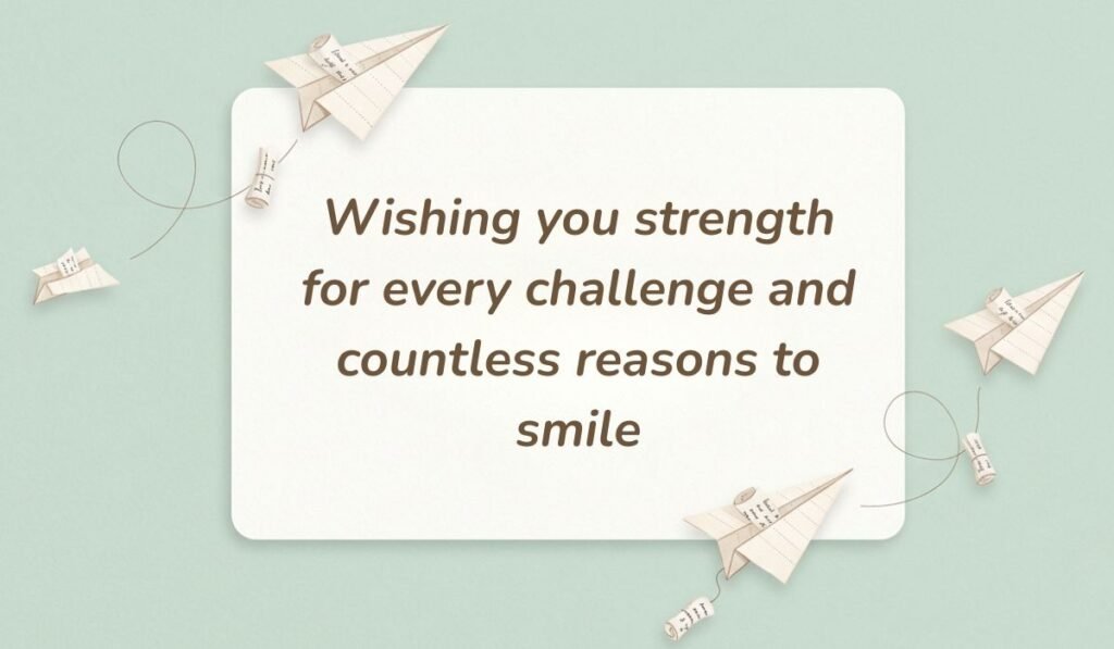 Mint green backdrop with origami paper airplanes carrying thoughtful happy new month messages for friends wishing them strength for every challenge and countless reasons to smile.