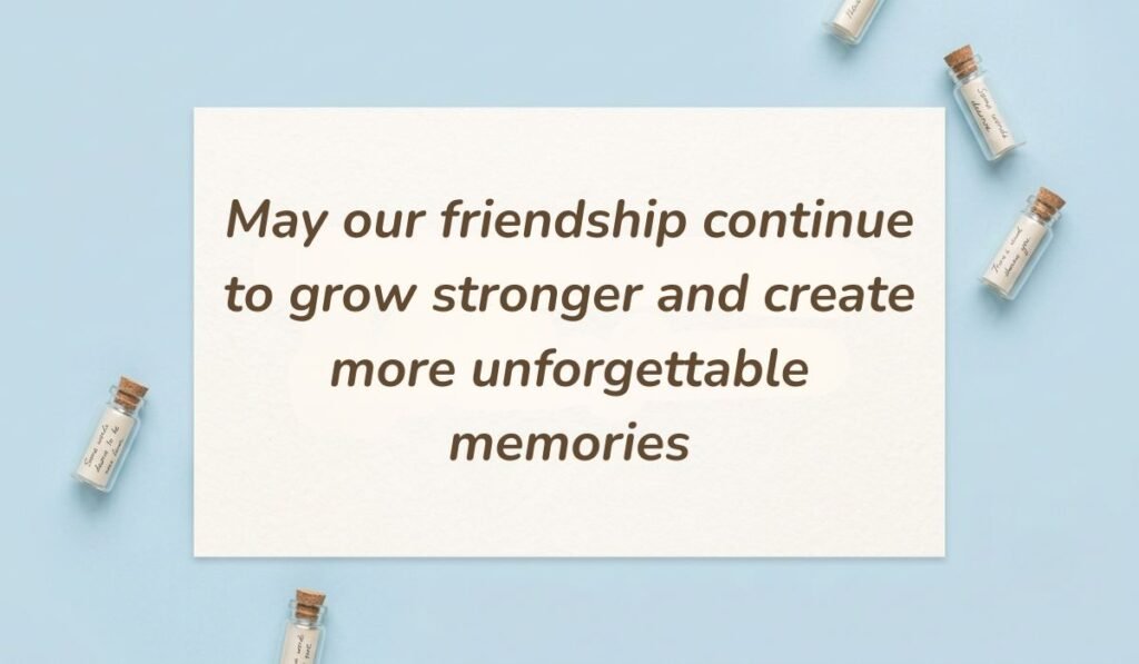 Sky blue flat lay with glass wish bottles featuring sweet happy new month messages for friends wishing that friendship continues to grow stronger and create more unforgettable memories.