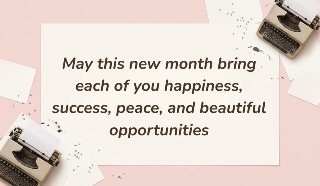 Pink aesthetic layout with vintage typewriters presenting happy new month messages for siblings wishing each of them happiness, success, peace, and beautiful opportunities.