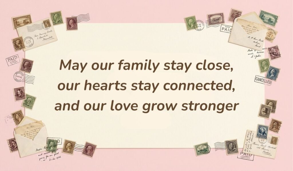 Vintage pink stationery border lined with postage stamps presenting happy new month messages for siblings praying that the family stays close, hearts stay connected, and love grows stronger.