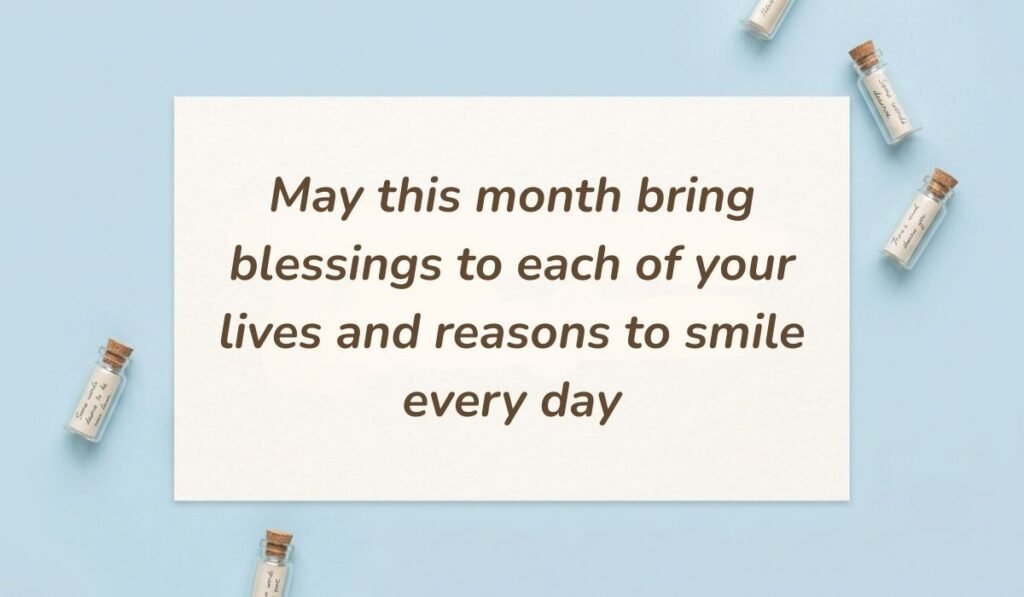 Sky blue flat lay with corked glass wish bottles displaying sweet happy new month messages for siblings wishing the month brings blessings to each of their lives and reasons to smile every day.