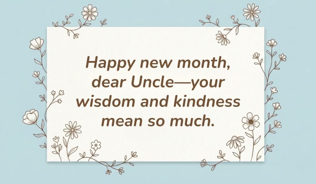 Light blue card background with delicate floral illustrations, featuring a respectful happy new month message for uncle: "Happy new month, dear Uncle—your wisdom and kindness mean so much."