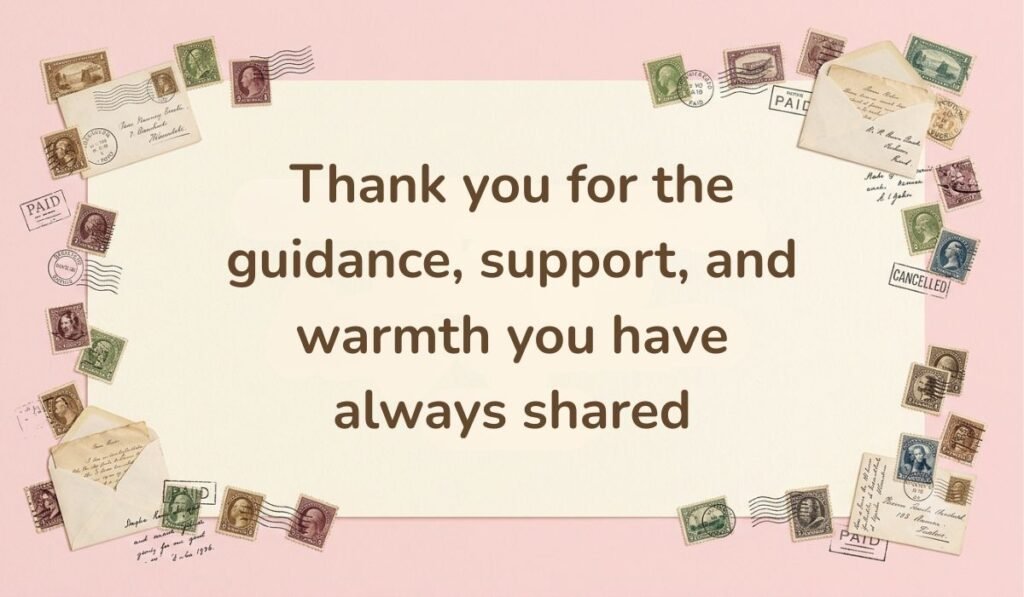 Soft pink background framed with vintage postage stamps and mini envelopes, showcasing a grateful happy new month message for uncle: "Thank you for the guidance, support, and warmth you have always shared."