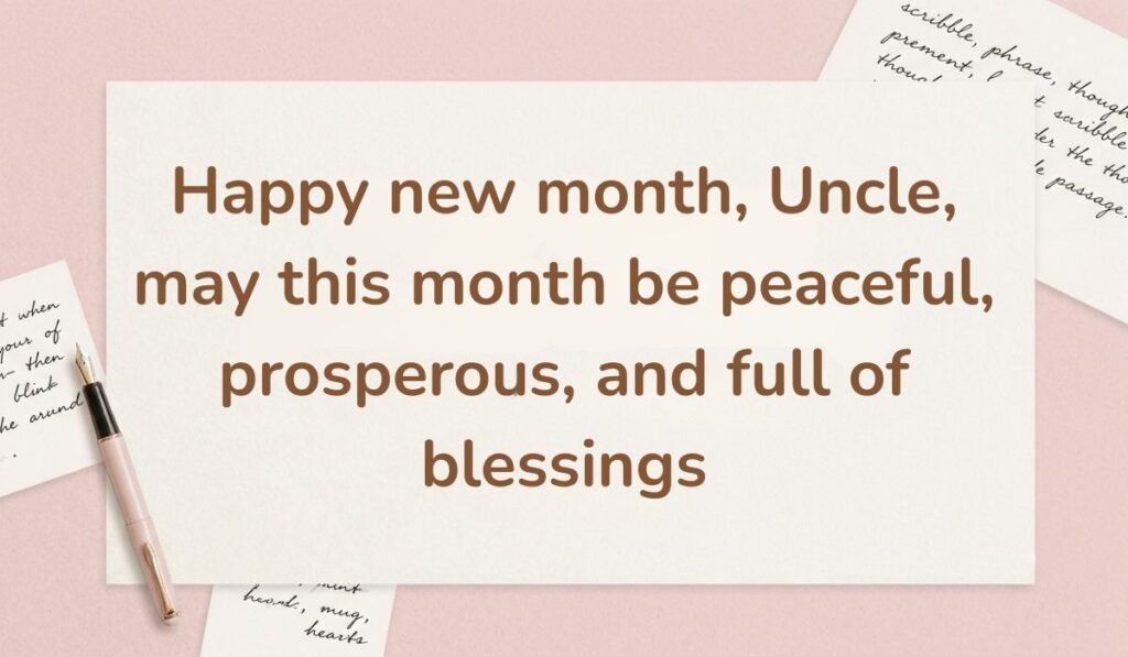 Pink workspace background with a fountain pen and handwritten notes, featuring a warm happy new month message for uncle: "Happy new month, Uncle, may this month be peaceful, prosperous, and full of blessings."