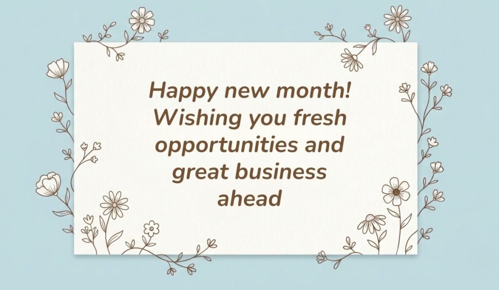Happy new month messages to clients on a soft blue floral background card reading "Happy new month! Wishing you fresh opportunities and great business ahead."