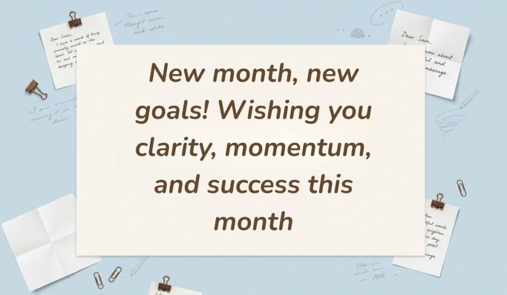 Soft blue stationery background with paper clips showing happy new month messages to clients reading "New month, new goals! Wishing you clarity, momentum, and success this month."