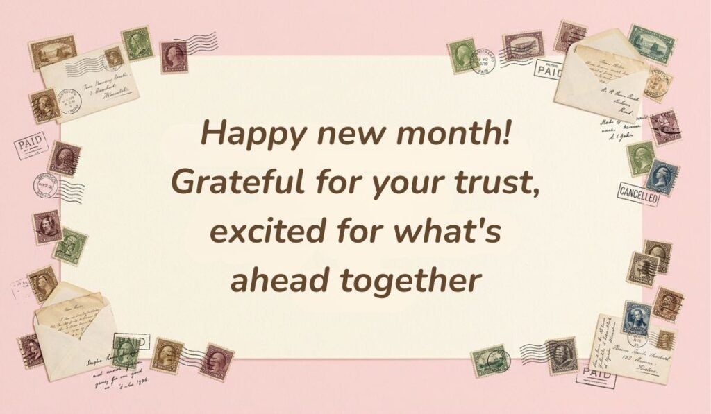 Vintage mail-themed card framed with postage stamps displaying happy new month messages to clients stating "Happy new month! Grateful for your trust, excited for what's ahead together."