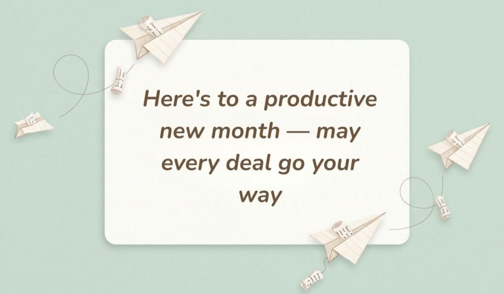 Sage green card with paper airplanes presenting happy new month messages to clients reading "Here's to a productive new month — may every deal go your way."