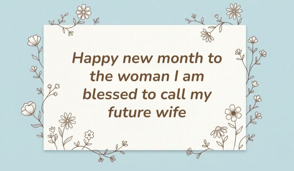 Light blue card background with delicate outline wildflower illustrations, featuring a romantic happy new month message to my fiance: "Happy new month to the woman I am blessed to call my future wife".