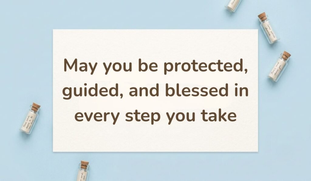 Clean light blue background styled with small glass wish bottles, highlighting a protective happy new month message to my fiance: "May you be protected, guided, and blessed in every step you take".