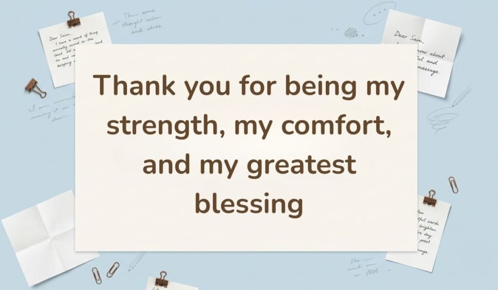 Light blue background styled with paper clips and handwritten sticky notes, featuring an appreciative happy new month message to my husband: "Thank you for being my strength, my comfort, and my greatest blessing".