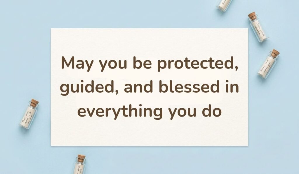 Clean light blue background decorated with small glass wish bottles, featuring a protective happy new month message to my husband: "May you be protected, guided, and blessed in everything you do".